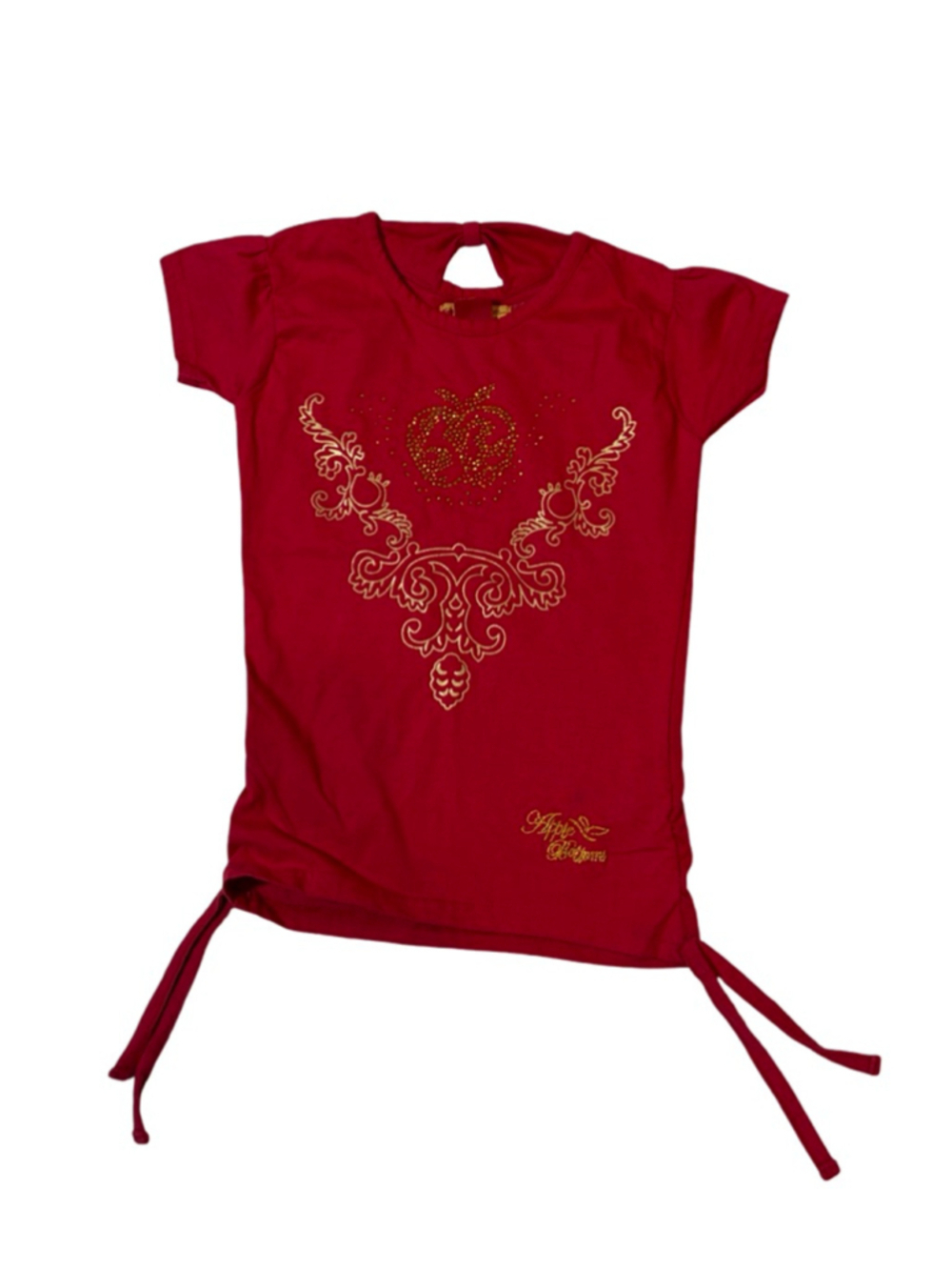 Apple Bottoms Girls Top Y2K Red Rhinestone Logo Side Tie Stretch Tee
